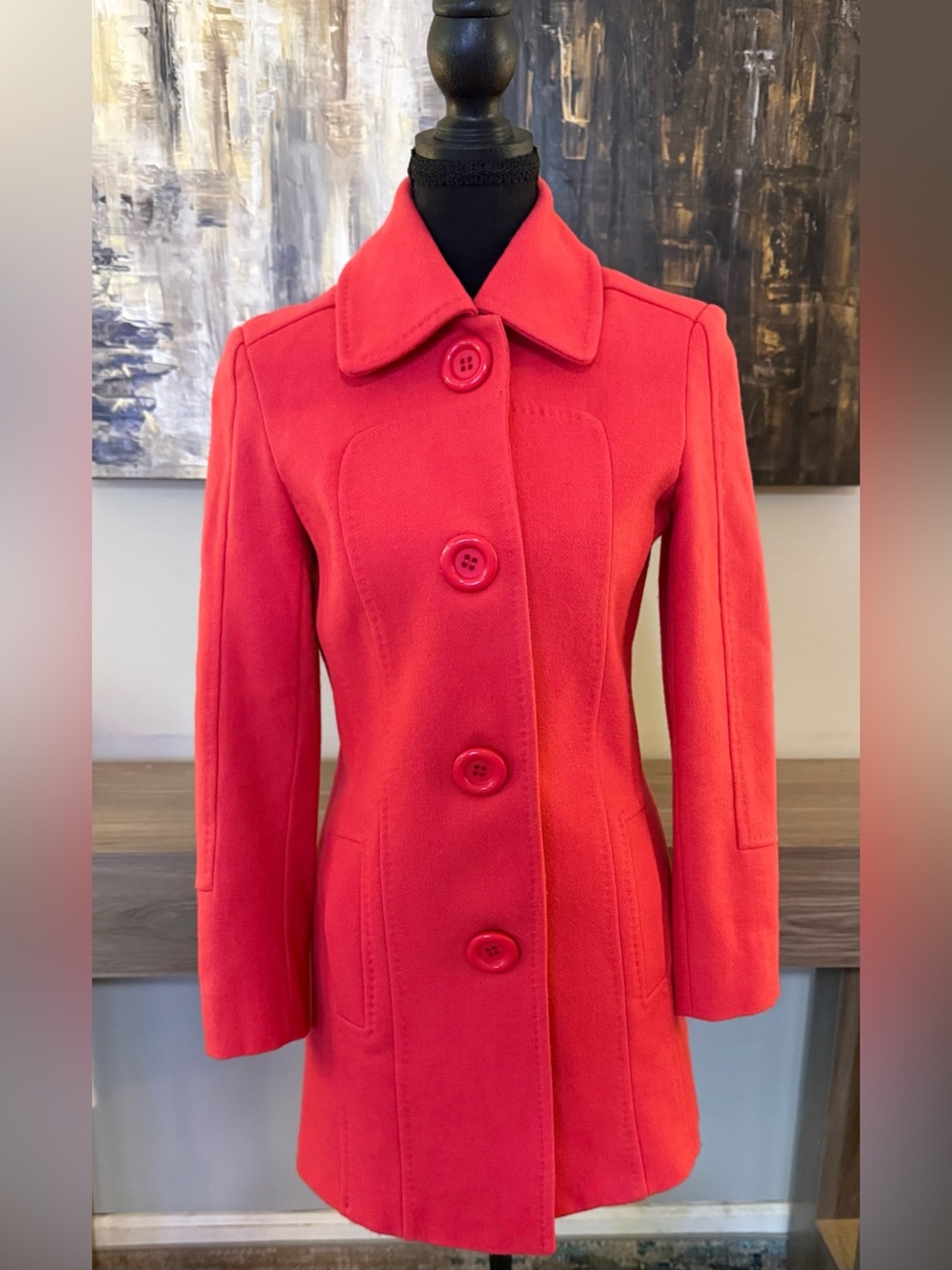 Vintage Adriana Ambrosi 100% Wool Coat Size 38 Coral Red Mid Length Button Front